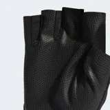 Guantes de training sin dedos color negro, con palma antideslizante y cierre autoadherente en la muñeca con logo Adidas.