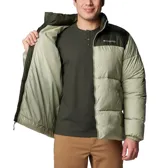 Campera puffer Columbia modelo Puffect III, con diseño de bloques de color en verde oscuro y beige. Presenta cuello alto, cierre frontal completo, bolsillos laterales con cierre y puños elásticos.