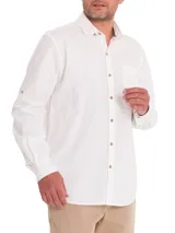 Camisa de manga larga RKF modelo Galiton, color blanco, confeccionada en popelina de algodón orgánico. Presenta cuello camisero, cierre frontal con botones de madera, bolsillo en el pecho con logo bordado y mangas ajustables con botón.