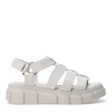 Sandalias de cuero color beige, con diseño de tiras anchas entrelazadas y suela de plataforma dentada. Cuenta con cierre de velcro en el talón para un ajuste seguro.