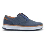 Zapato casual Skechers Moreno Ederson para hombre, color azul con detalles en marrón. Confeccionado en lona tejida suave con lavado vintage, cordones, plantilla Air Cooled Memory Foam y amortiguación Goga Mat Arch.