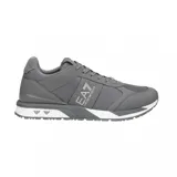 Championes urbanos Armani EA7, color gris, confeccionados en una combinación de malla y material sintético. Presentan el logo de la marca en el lateral y en la suela, con una entresuela blanca contrastante.