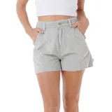 Bermuda de pana color gris con bolsillos laterales y traseros, de tiro alto y corte relajado.