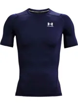 Remera deportiva Under Armour de compresión, color azul marino, de manga corta y cuello redondo. Cuenta con el logo de la marca impreso en blanco en el pecho y diseño ergonómico de secado rápido.