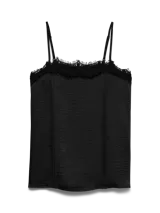 Musculosa negra satinada con detalle de encaje en el escote y tirantes finos regulables.