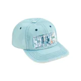Gorra tipo cap de Supreme en denim color azul claro, con logo bordado frontal que presenta un estampado de billetes de dólar.