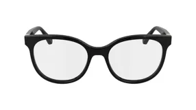 Lentes de receta Longchamp con armazón de acetato negro en forma redondeada estilo cat-eye.
