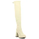 Bota alta Beira Rio de color blanco off-white, confeccionada en material sintético con diseño over-the-knee, taco ancho alto y plataforma delantera.