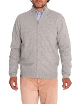 Sweater gris de lana y cashmere con cuello alto y cierre completo.