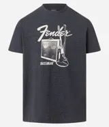 Remera gris oscura de media malla, corte comfort, cuello redondo y mangas cortas. Estampado frontal con el logo de Fender y un amplificador Bassman.
