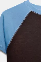 Camiseta de manga corta estilo raglán, con cuerpo principal marrón oscuro y mangas cortas en color celeste claro. Presenta cuello redondo con costuras a contraste.
