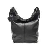 Bolso hobo negro de cuero sintético con correa ancha con el logo de la marca en blanco.