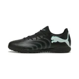Championes de fútbol Puma Future 9 Play TT, color negro con detalles y logo en verde agua.
