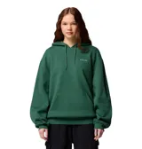 Buzo tipo canguro Columbia para mujer, color verde oscuro, con capucha ajustable con cordón, bolsillo frontal tipo canguro y puños y dobladillo acanalados. Presenta el logo de la marca bordado en el pecho.