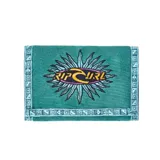 Billetera Rip Curl de tela color celeste con diseño estampado de motivos playeros y logo de la marca.