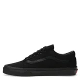 Championes Vans modelo Old Skool, totalmente negros, confeccionados en lona resistente con detalles en cuero en los laterales. Presentan la clásica suela waffle de goma, punteras reforzadas y cuello acolchado para mayor comodidad.