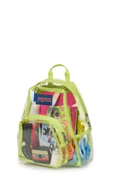 Mochila mini transparente de la marca JanSport con ribetes y correas en color lila pastel. Cuenta con un compartimento principal y un bolsillo frontal con cierre.