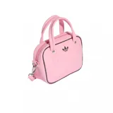 Bolso de mano Adidas modelo Adicolor XS, color rosado, con diseño compacto y estructura rígida. Presenta el logo del trébol de la marca en el frente, doble asa superior y correa ajustable y extraíble para llevar al hombro o cruzado.