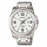 Reloj analógico Casio MTP1314D-7AVDF para hombre, con caja y correa de acero inoxidable color plateado, esfera blanca con números arábigos y calendario. Resistente al agua hasta 50 metros.