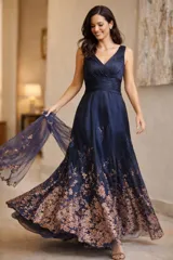 Vestido largo de fiesta en brocato azul marino, con cuerpo tipo corsé drapeado y cruzado, escote en V y falda amplia con estampado floral en tonos cobrizos en el ruedo. Incluye un chal de tul al tono con detalles bordados.