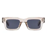 Lentes de sol unisex con armazón rectangular de acetato transparente en tono rosado y cristales oscuros.