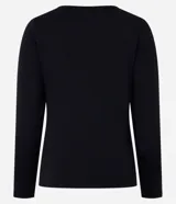 Blusa negra de algodón con escote en V y fruncido en el centro.