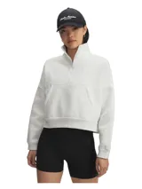 Buzo de mujer Under Armour con diseño de media cremallera, confeccionado en tejido de mezcla de algodón con interior cepillado. Presenta un corte oversize con hombros caídos, bolsillo tipo canguro frontal y puños y bajo acanalados.