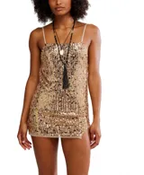 Vestido corto de tirantes finos con escote recto, confeccionado en tejido cubierto de lentejuelas brillantes. Presenta un corte ajustado con una abertura lateral en el ruedo.