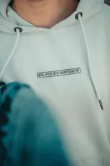 Hoodie celeste con capucha y estampado en la espalda de dos delfines, el logo GW y la frase "Glassy Waves".