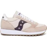 Championes Saucony Jazz Original Vintage, color beige con detalles en violeta y suela de goma marrón.