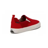 Zapatillas tipo slip-on Quiksilver modelo Shore, color rojo con suela de goma blanca, elásticos blancos en los laterales y etiqueta con el logo de la marca en la lengüeta.