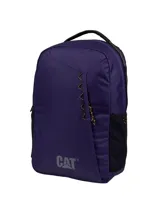 Mochila Cat modelo Explorer, color azul, con compartimento principal y bolsillo acolchado para laptop. Cuenta con bolsillo frontal con cierre, bolsillos laterales de malla, correas acolchadas y panel trasero ergonómico. Incluye detalles de cordones decorativos y logotipo reflectante.
