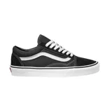 Championes Vans modelo Old Skool, de diseño clásico con capellada de gamuza y lona en color negro, con la icónica banda lateral blanca y suela de goma vulcanizada.