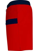 Short de baño rojo, blanco y azul marino con cordón ajustable en la cintura.