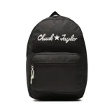 Mochila Converse modelo Go Chuck Taylor de color negro, confeccionada en tejido resistente. Cuenta con un compartimento principal amplio, un bolsillo frontal con cierre de cremallera y tirador de cordón blanco. Presenta el logotipo bordado con la inscripción "Chuck Taylor" y una estrella en la parte superior delantera.