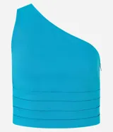 Blusa cropped roja de tejido bengalina, con escote asimétrico de un solo hombro y cierre de cremallera lateral.