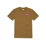 Remera color marrón claro con logo de Etnies en el cuello y estampado del logo de Independent en el pecho.