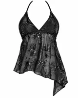 Top halter negro de tul transparente bordado con flores y lentejuelas, con escote en V y ruedo asimétrico.