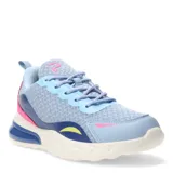 Championes deportivos de mujer con diseño multicolor en tonos azul claro, azul oscuro, rosa y amarillo. Presentan una suela chunky de plataforma en color crema, cierre con cordones y detalles en material sintético.