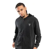 Campera con capucha y cierre frontal, color negro con efecto gastado y logo bordado en blanco en el pecho.