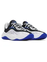 Championes de básquetbol Under Armour Curry Splash 25, con diseño en colores blanco, negro y azul. Presentan una parte superior de malla transpirable con refuerzos, entresuela Micro G para mayor amortiguación y suela de goma con patrón de tracción circular.