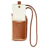 Billetera portacelular Rip Curl de cuero sintético marrón y tejido tipo rafia beige, con correa larga para colgar al cuello y cierre perimetral.