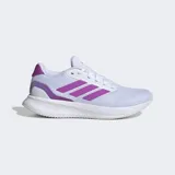 Championes de running Adidas Runfalcon 5, color blanco con detalles en fucsia y lila. Presentan una parte superior de malla transpirable, tres franjas laterales en fucsia y refuerzos en lila en el talón. Cuentan con mediasuela Cloudfoam blanca y suela Adiwear.