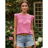 Blusa de tela broderie color negro, con cuello redondo, mangas cortas con volados y detalle de calado horizontal en la parte superior del pecho.