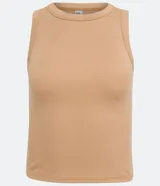 Top cropped musculosa de mujer, color marrón oscuro, confeccionado en tejido ribana acanalado, con cuello redondo y sin mangas.