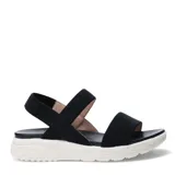 Sandalias de mujer con tiras elásticas negras y base de goma blanca con diseño texturizado.