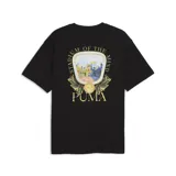 Remera Puma Graphics Stadium Relax, color negro, de manga corta y corte holgado. Presenta un pequeño estampado dorado en el centro del pecho con el logo y el nombre de la marca.