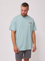 Remera oversize color verde menta, con cuello redondo, manga corta y estampa pequeña en el pecho.