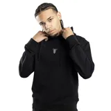 Canguro negro con capucha y cordones ajustables, de corte clásico y logo bordado en el pecho.