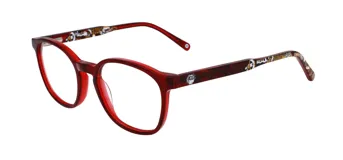 Armazón de acetato color rojo con diseño estampado de los Minions en las patillas.